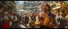 a man playing an instrument in a crowd