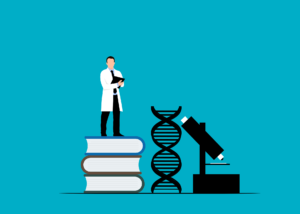 a man standing on top of books and a dna strand
