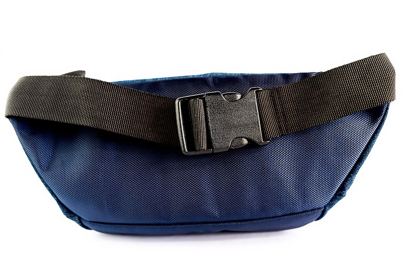 a blue waist bag with a black belt