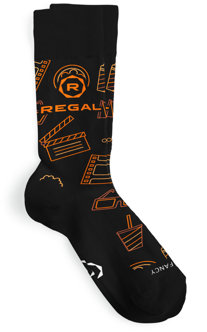 a black and orange sock with white and orange designs on it