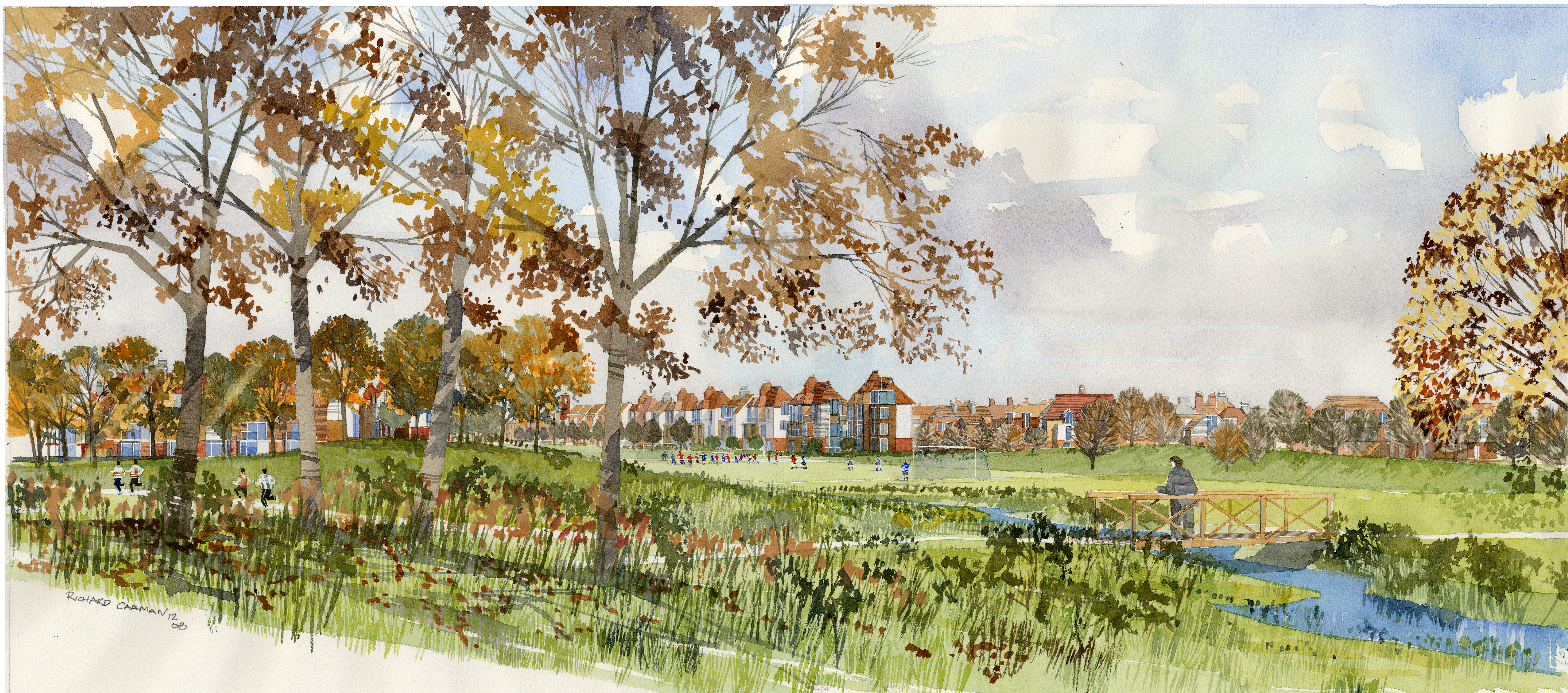 a watercolor of a park with trees and a field