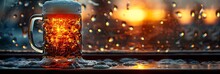 a glass of beer on a window sill