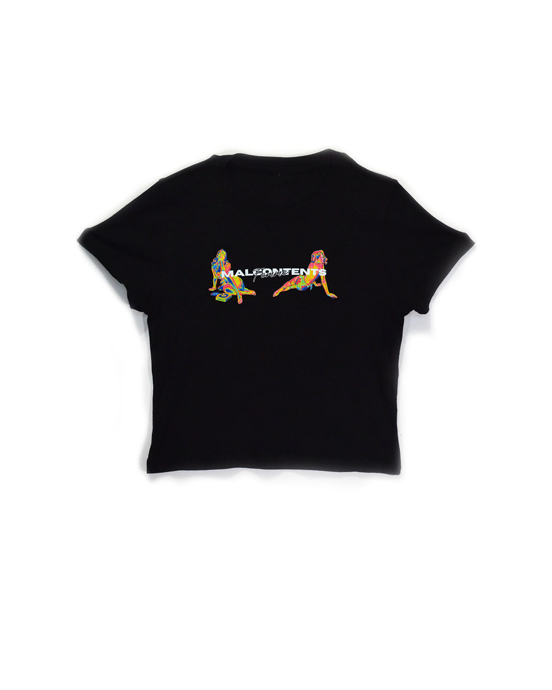 a black shirt with a colorful design on it