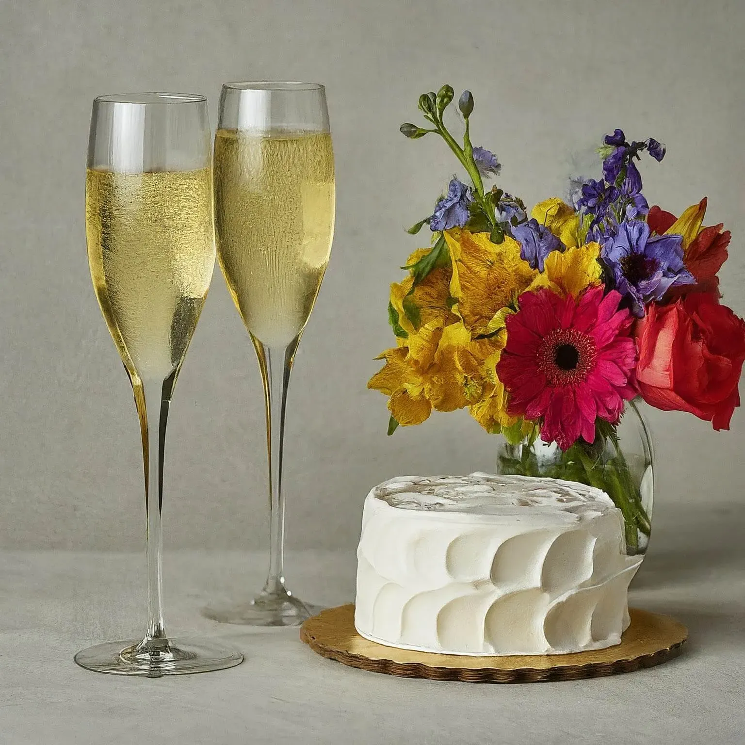 a cake and flowers next to champagne glasses