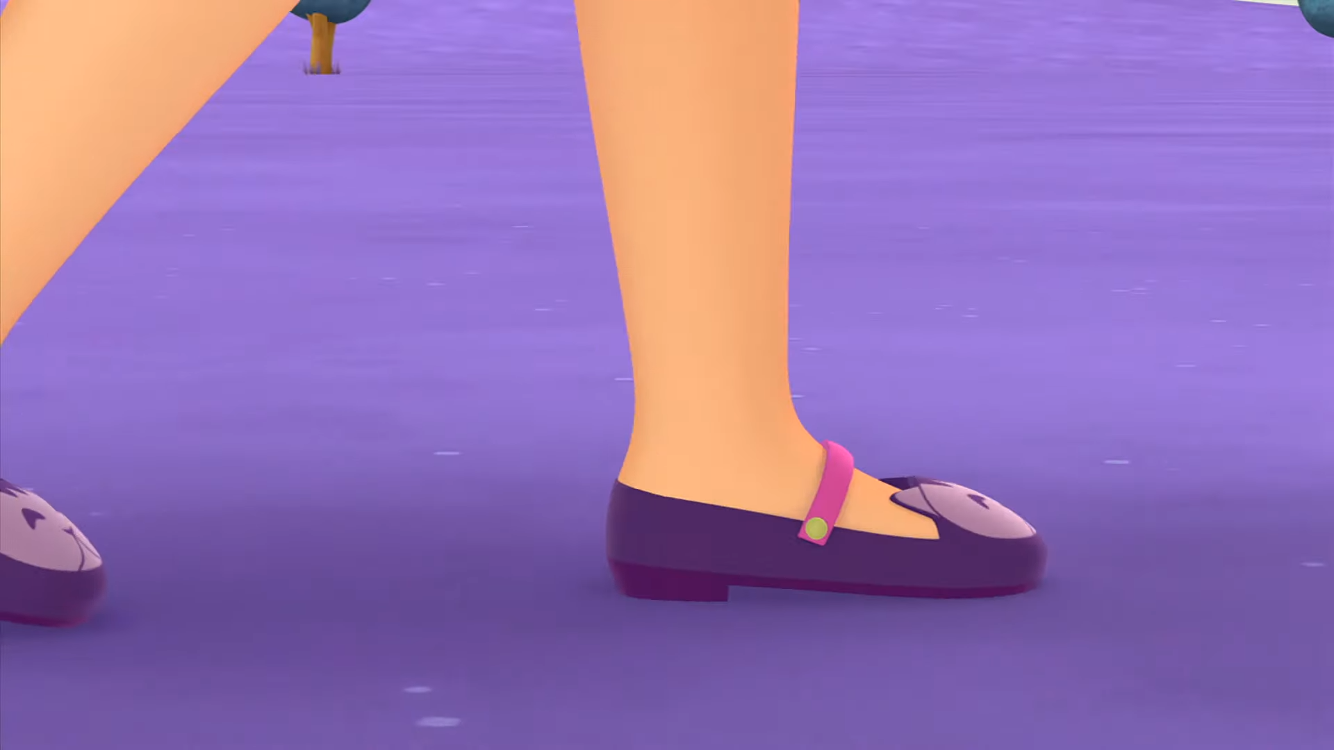 a cartoon of a person's leg and purple shoe