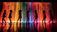 a group of women dancing in front of a rainbow colored curtain