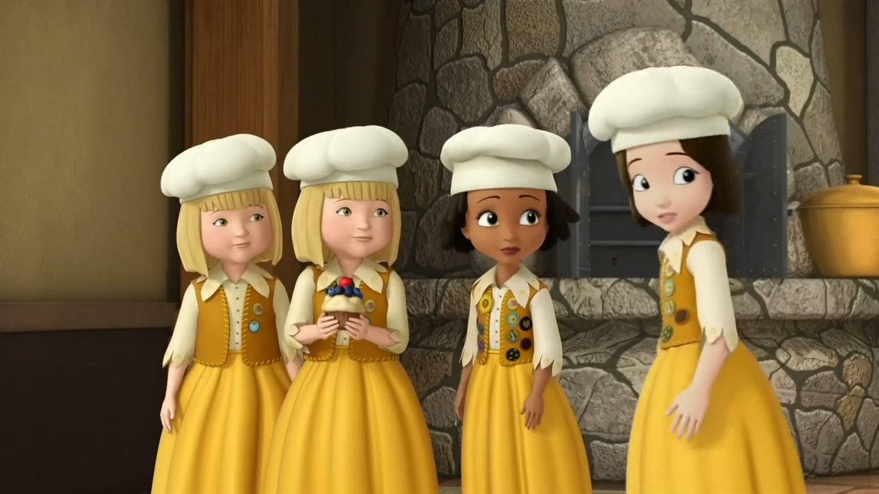 a group of girls wearing yellow dresses and white hats