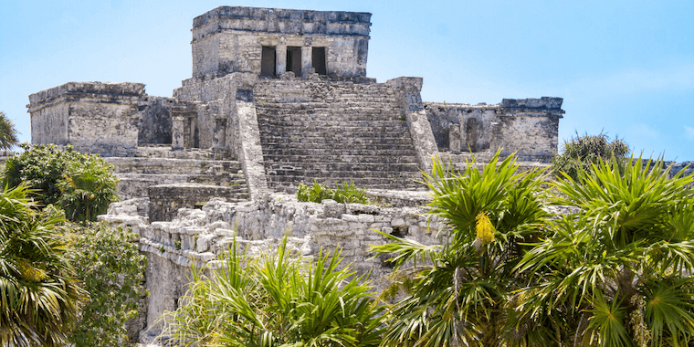 a stone building with steps and a palm tree