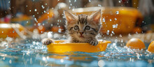 a kitten in a small yellow toy in water