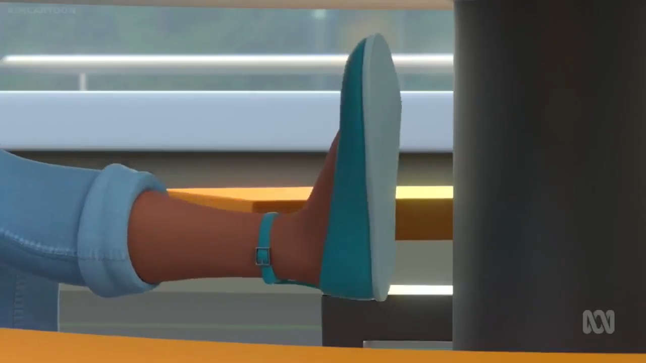 a person's leg with a blue shoe