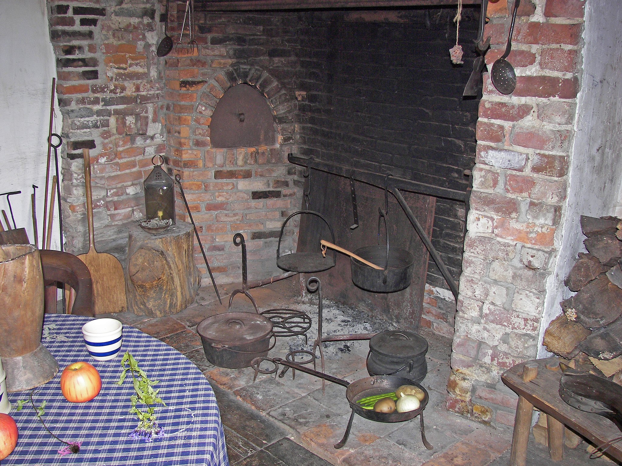 a fireplace with pots and pans