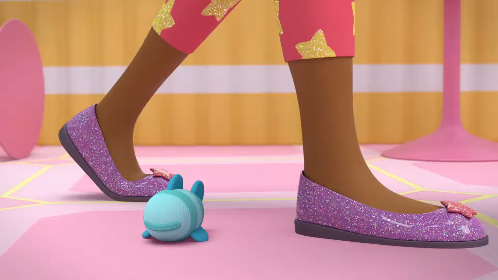 a cartoon character legs and feet in glittery shoes