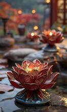 a red flower shaped candle holders