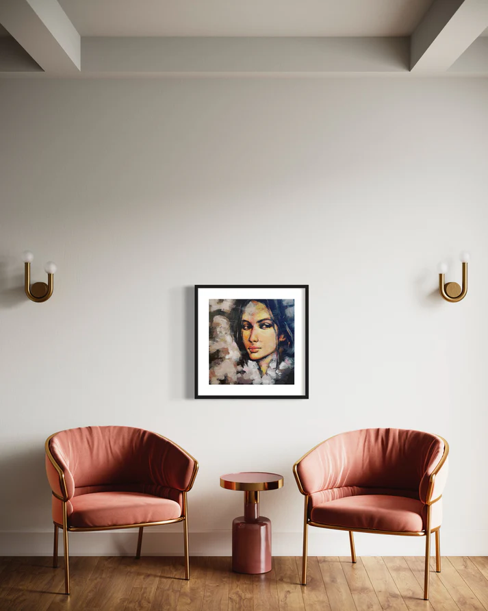 a framed picture of a woman in a room with two chairs