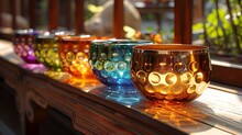 a row of colorful candles on a shelf