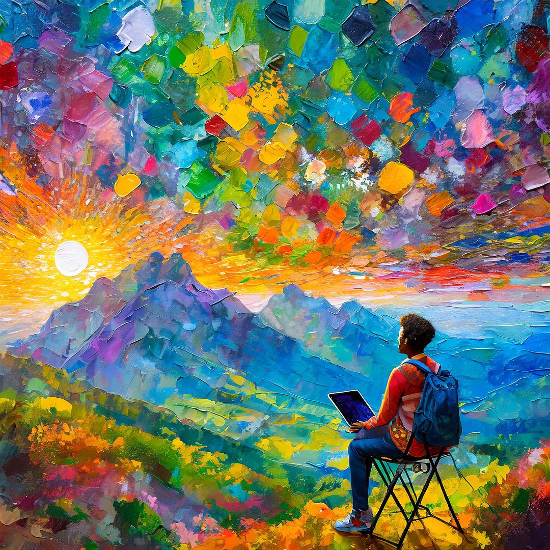 a person sitting in a chair with a laptop in front of a colorful landscape