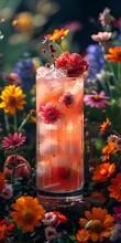 a glass of pink drink with flowers