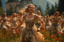 a woman in a dress running in a field of flowers