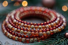 a stack of bracelets on a tree branch