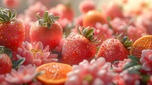 a group of strawberries and flowers