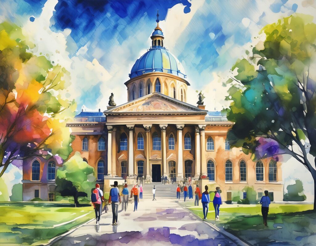 a painting of a building with columns and a dome
