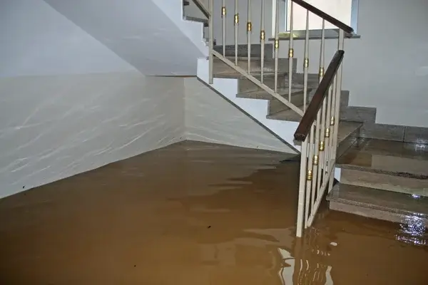 a flooded staircase with stairs and railings