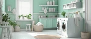 a laundry room with a washing machine and a laundry basket
