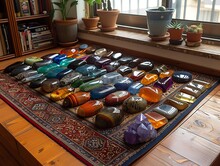 a rug with many different colored stones on it