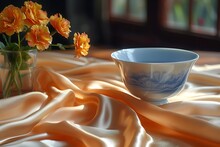 a bowl and a vase of flowers on a table