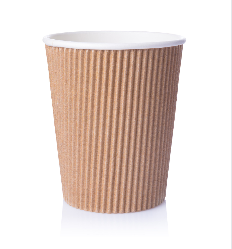 a brown paper cup with white rim