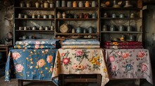 a table with tablecloths and shelves