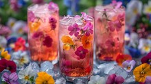 a group of glasses with flowers in them