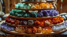 a group of different colored rocks on a shelf