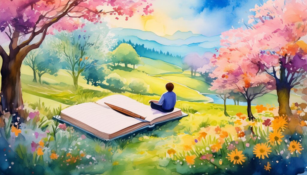 a man sitting on a book in a field of flowers
