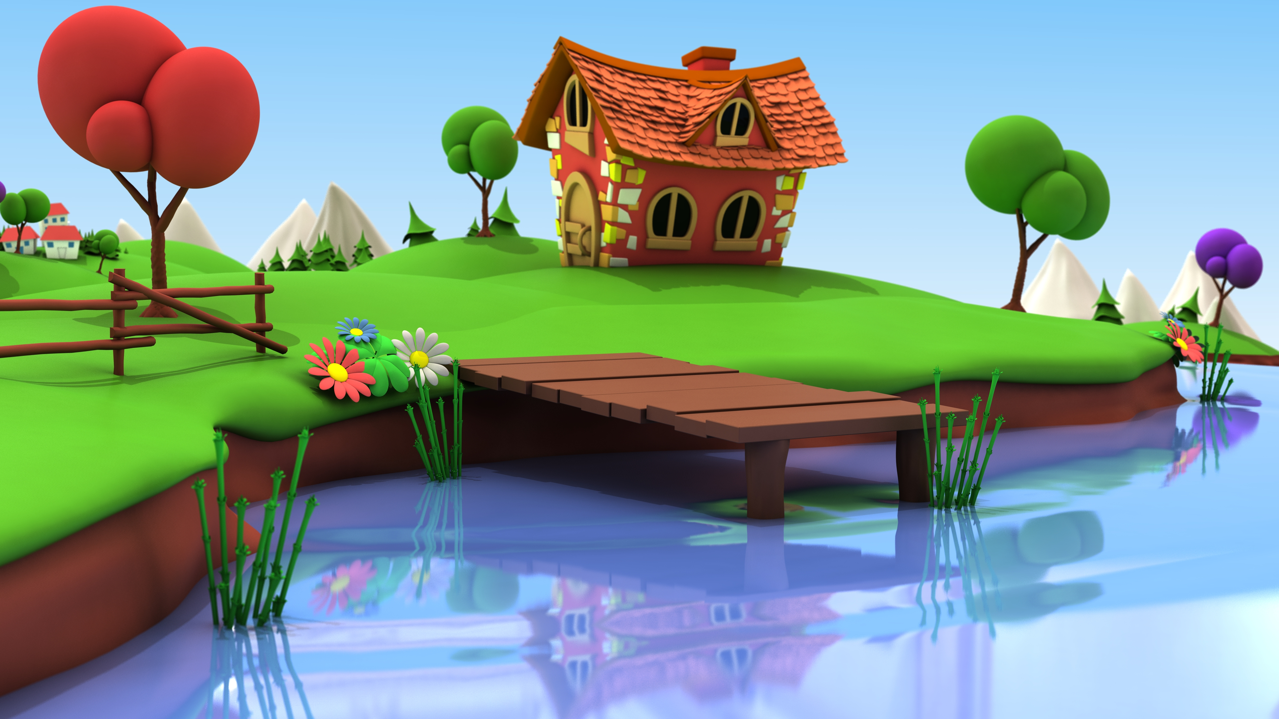 a cartoon house on a hill with a bridge over water