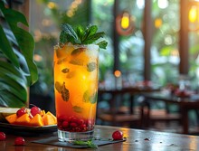 a glass of orange and yellow drink with fruit on a plate