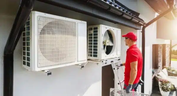 a man on a ladder looking at a large air conditioner