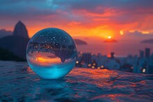 a glass ball with a sunset in the background