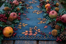 a table runner with fruit and berries