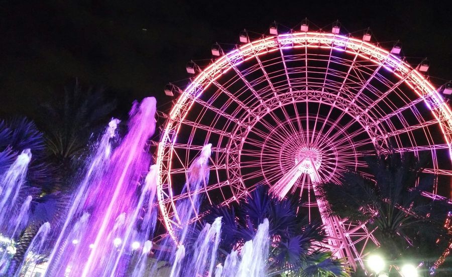 a ferris wheel with purple lights