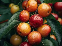 a group of red and yellow fruits on a tree