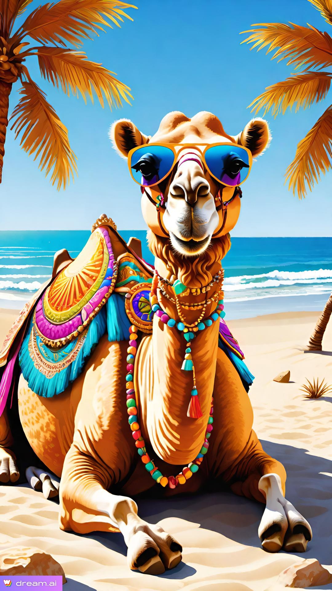 a camel wearing sunglasses and saddle on a beach