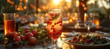 a glass of fruit juice on a table