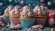 a group of cupcakes with pink and white frosting