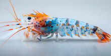 a colorful shrimp with orange and blue spots