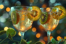 two glasses of champagne with kiwi slices