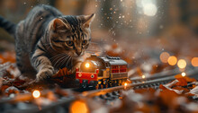 a cat playing with a toy train