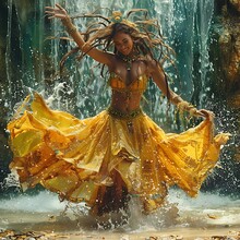 a woman in a yellow dress dancing in front of a waterfall