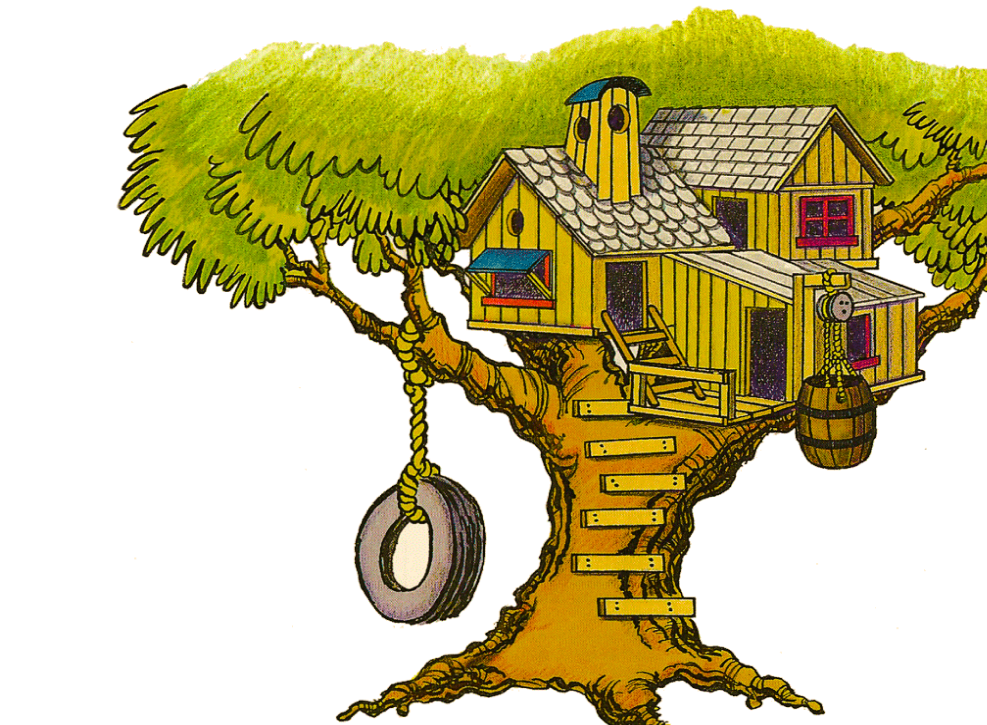 a tree house with a tire swing