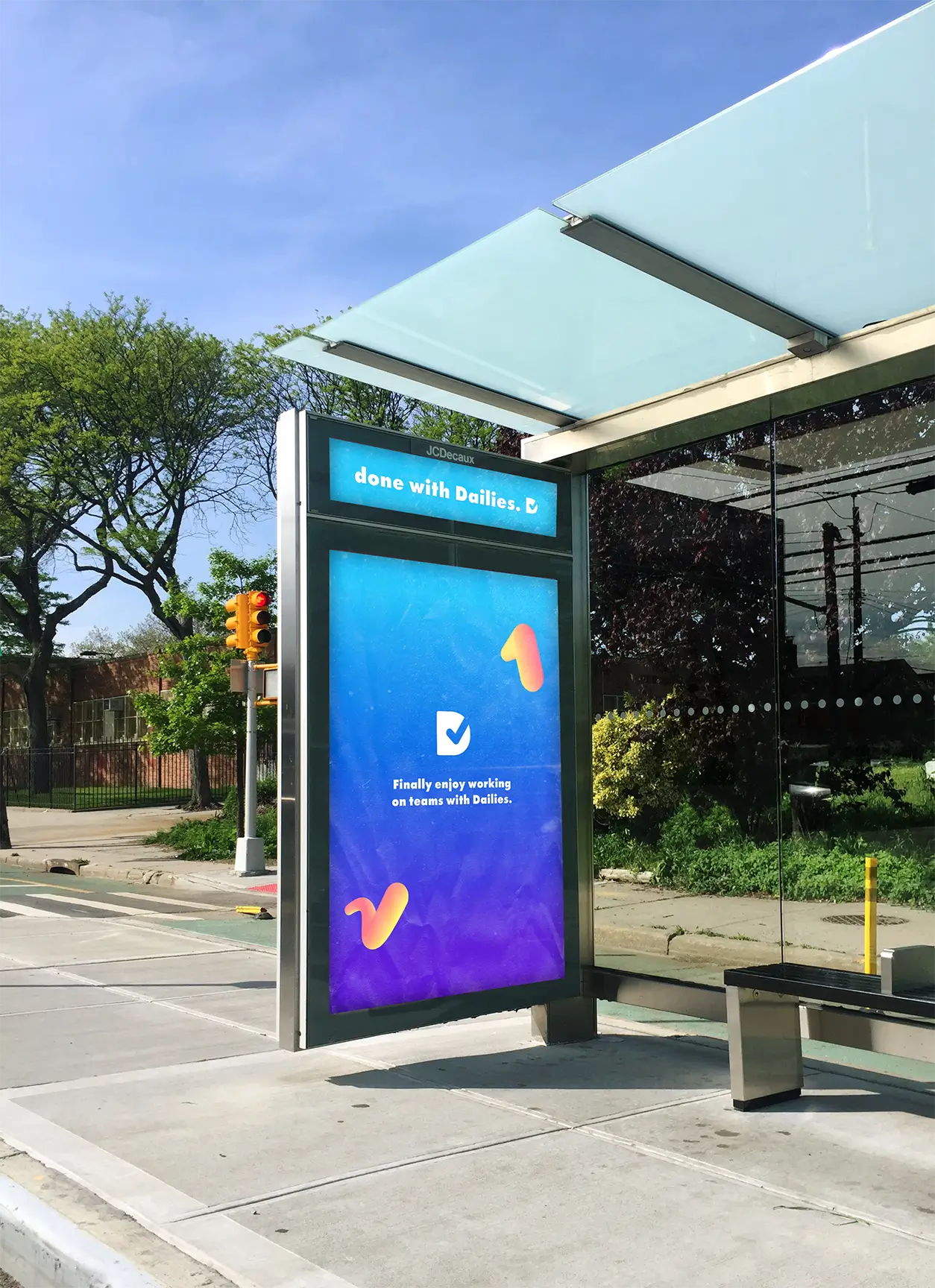 a bus stop with a sign